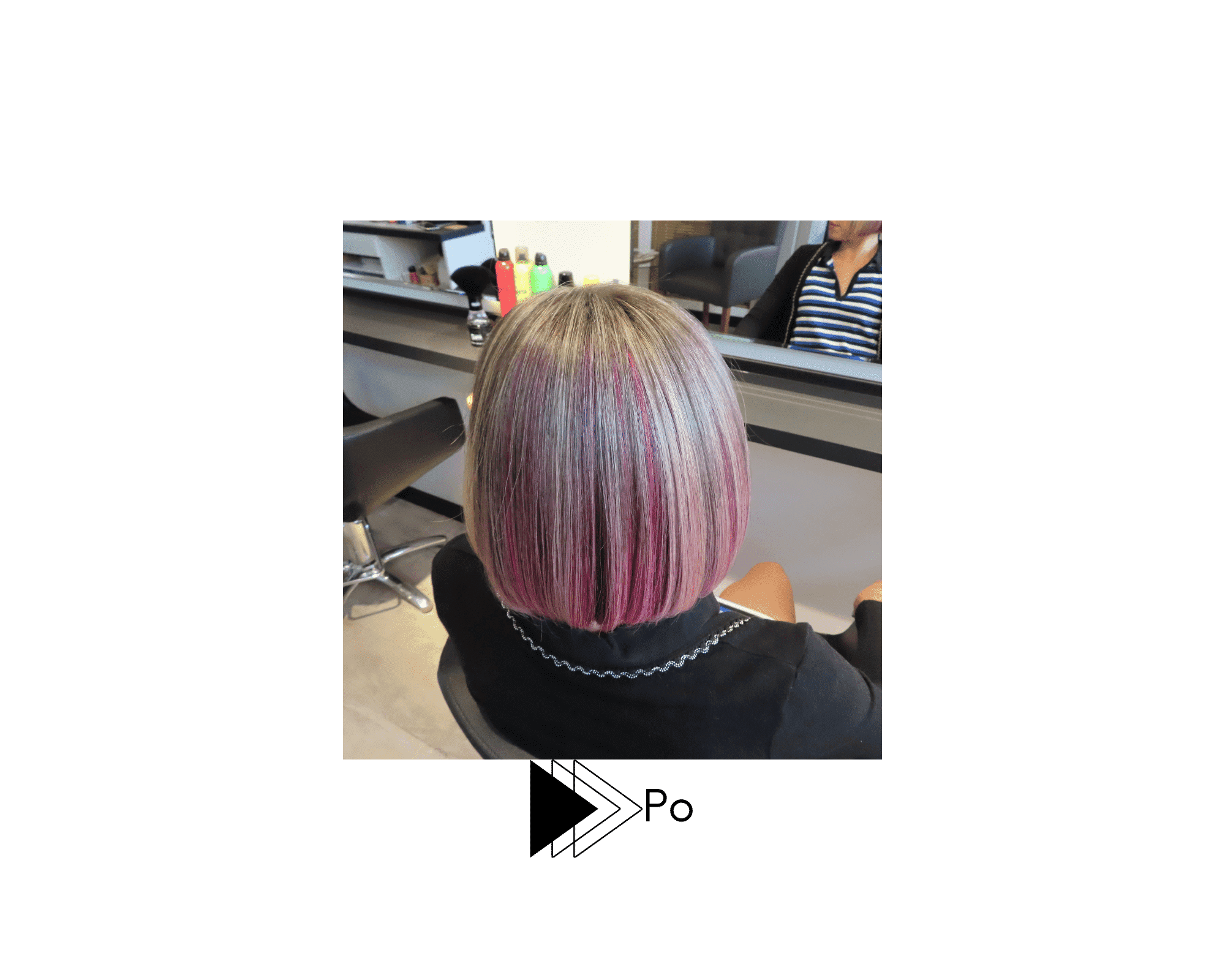 Koloryzacja kreatywna z pojaśnieniami miedzy innymi fuschia oraz strzyżenie typu bob. Techniki mieszane zostały użyte w strzyżeniu.